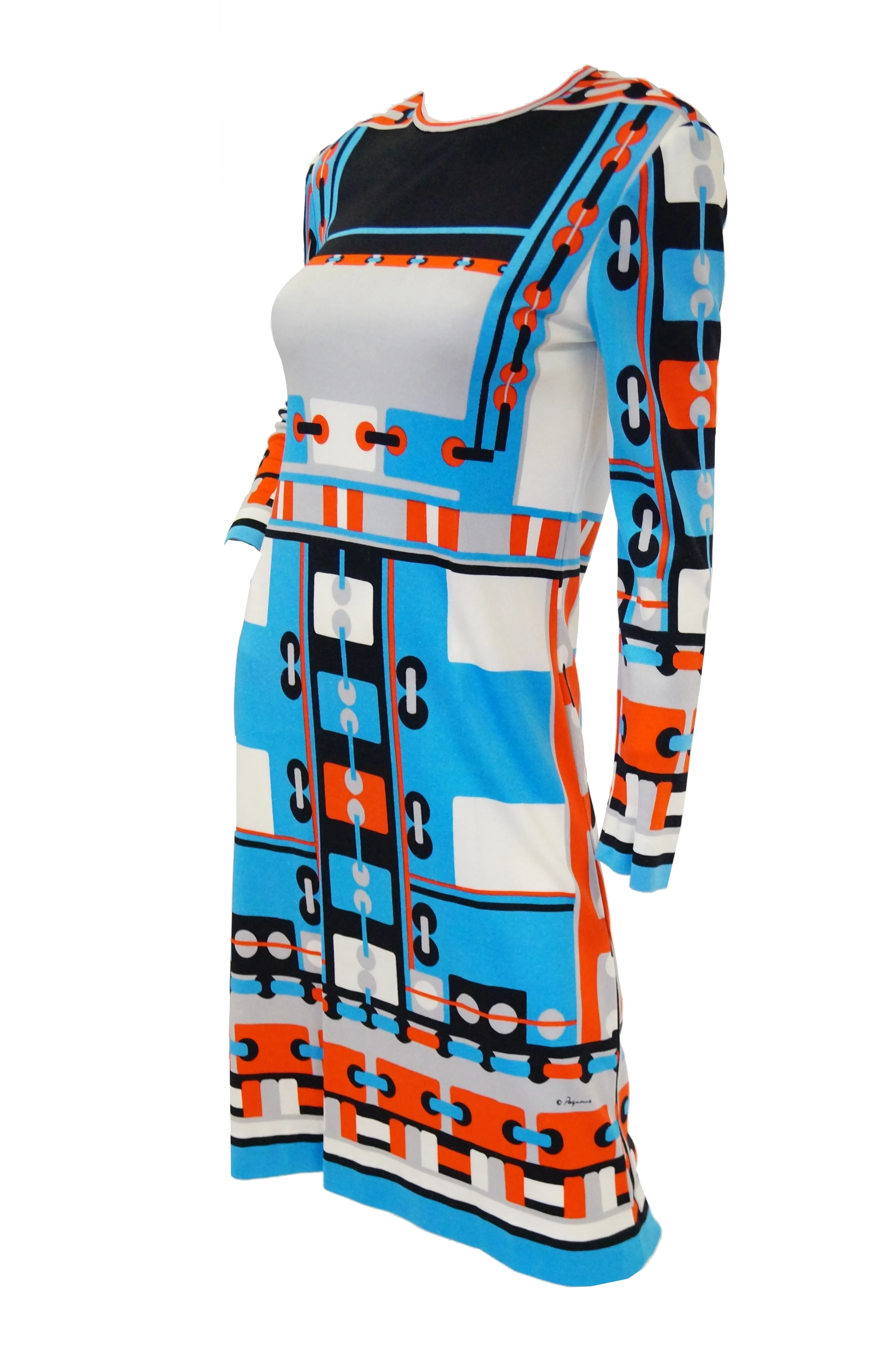 1960s Paganne Blue and Orange Geometric Graphic Knit Dress