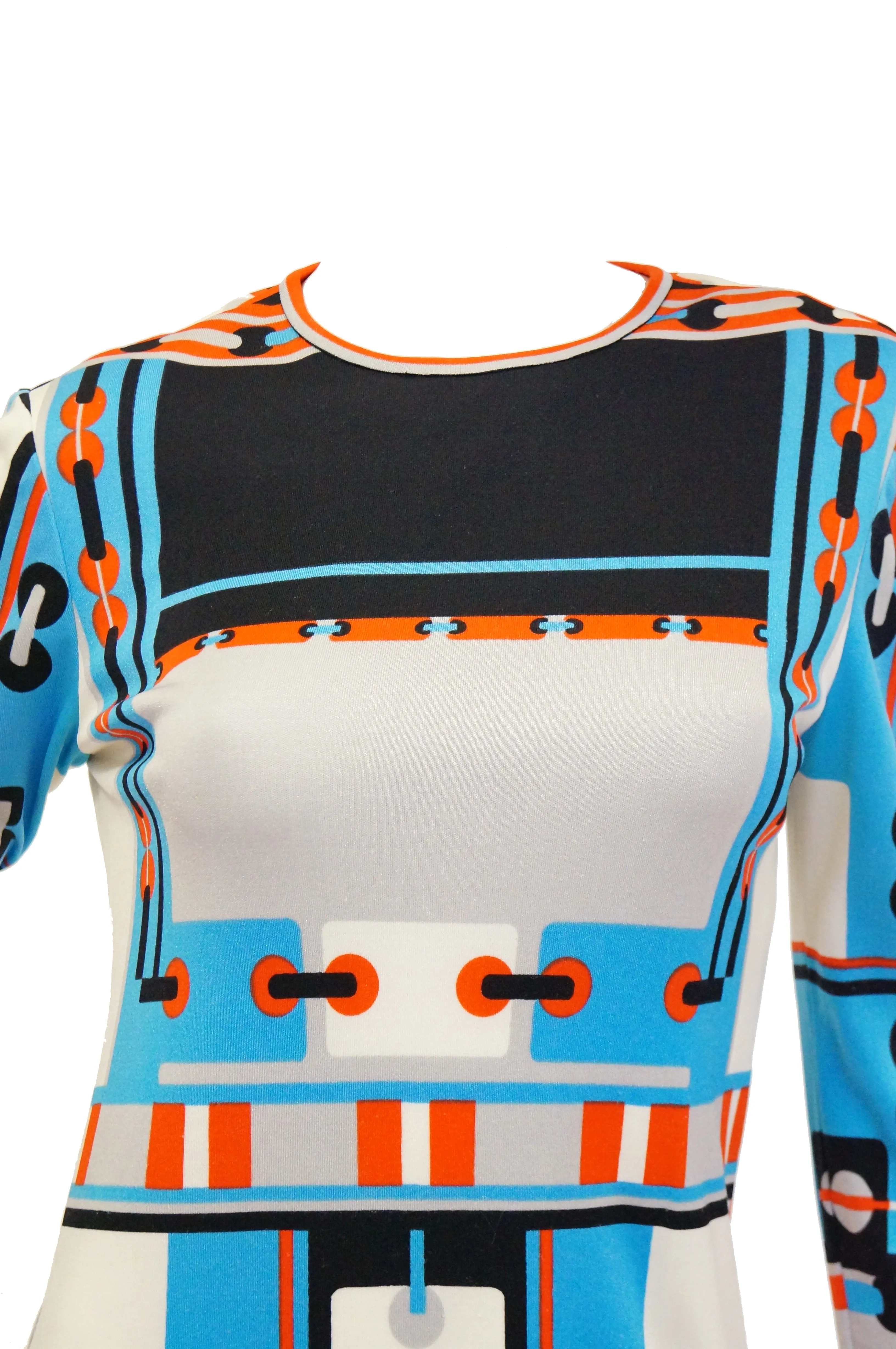 1960s Paganne Blue and Orange Geometric Graphic Knit Dress