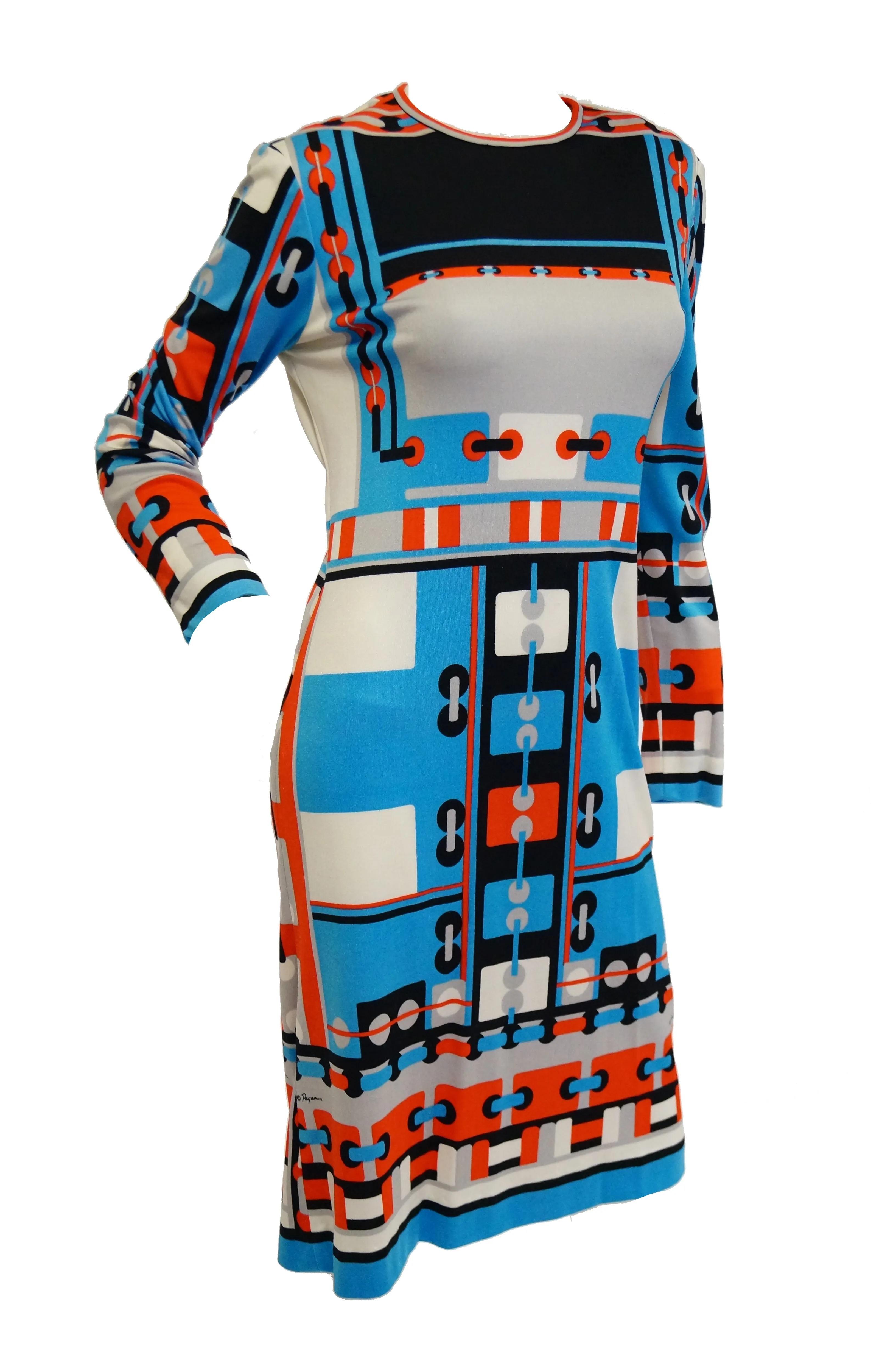 1960s Paganne Blue and Orange Geometric Graphic Knit Dress