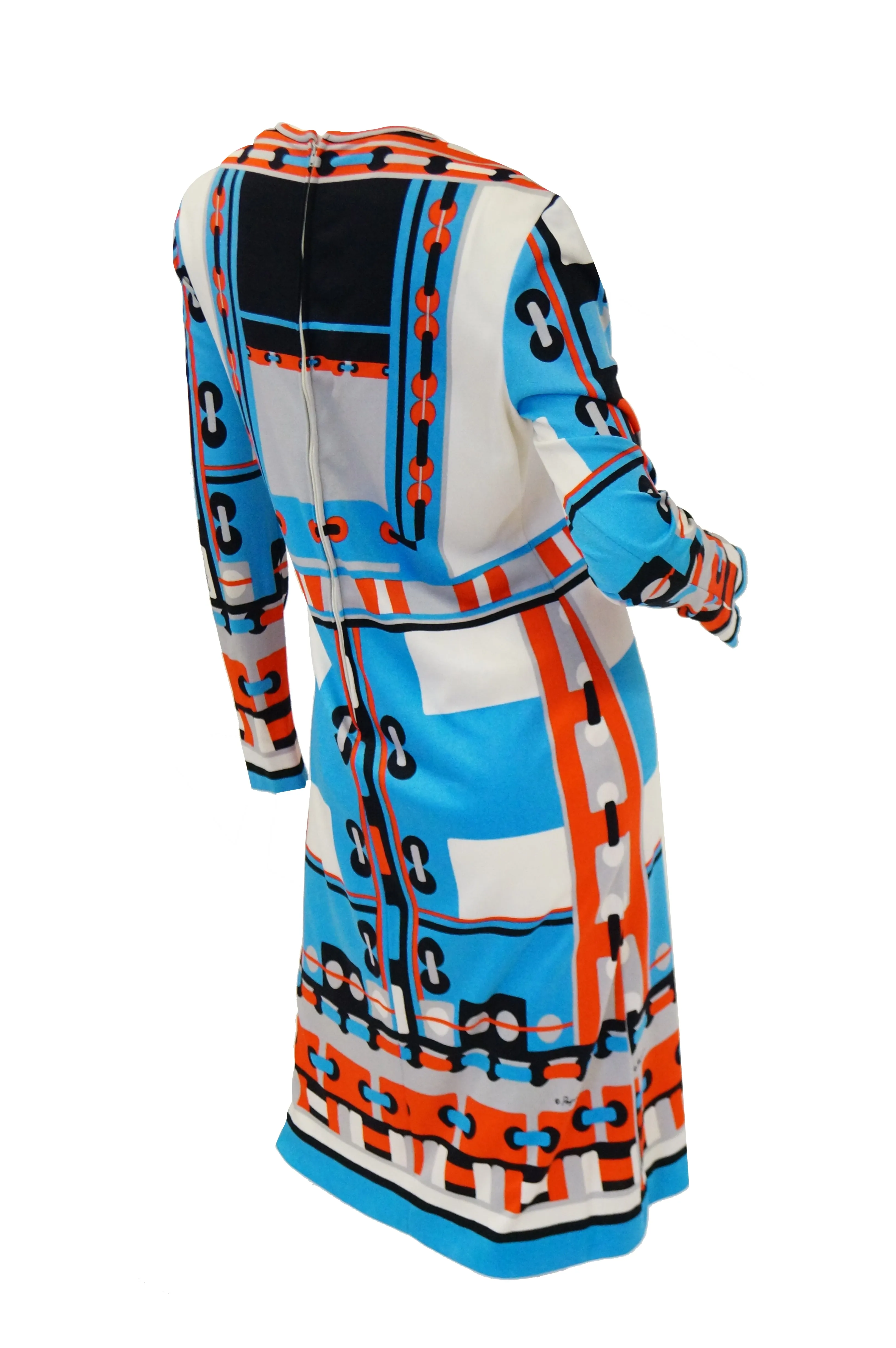 1960s Paganne Blue and Orange Geometric Graphic Knit Dress