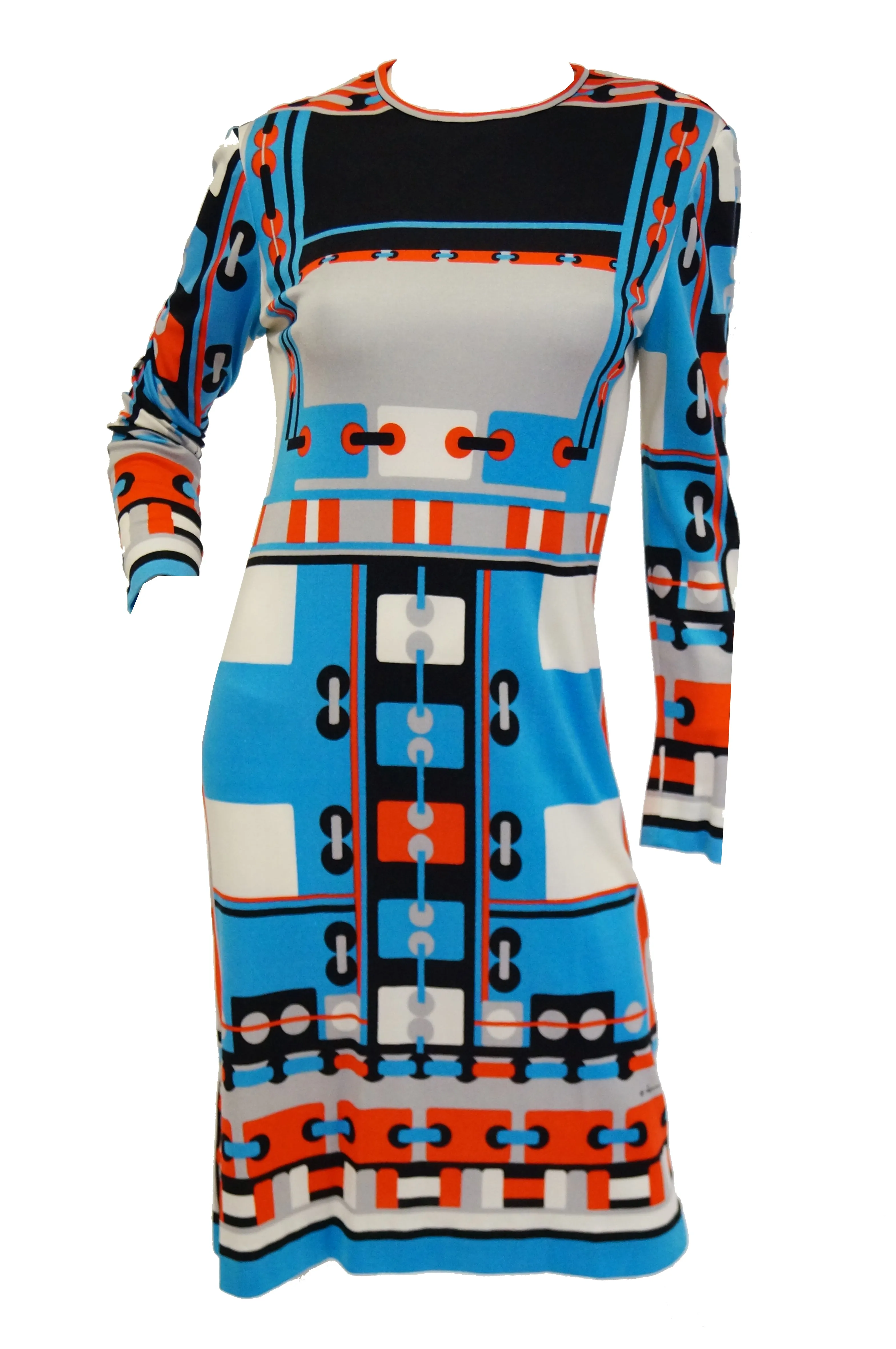 1960s Paganne Blue and Orange Geometric Graphic Knit Dress