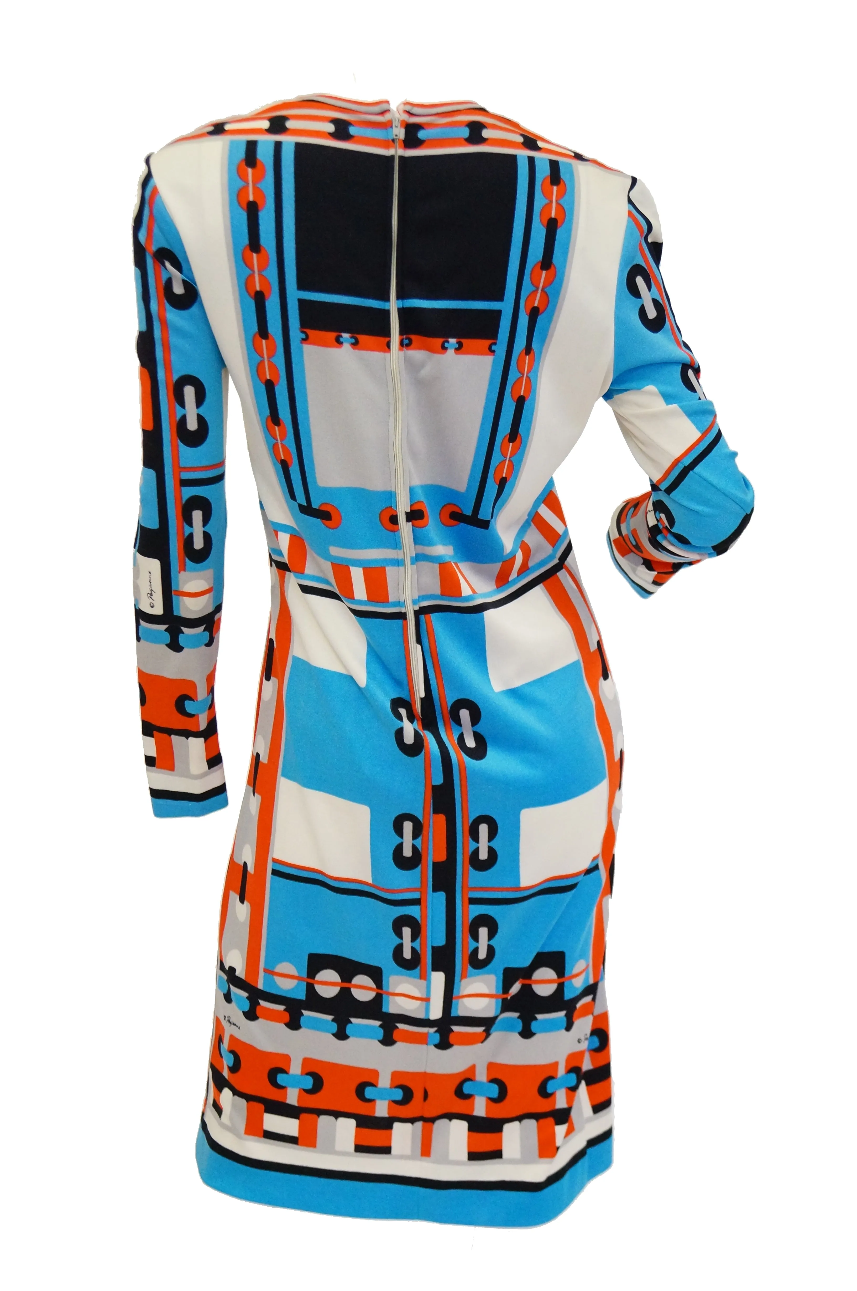 1960s Paganne Blue and Orange Geometric Graphic Knit Dress