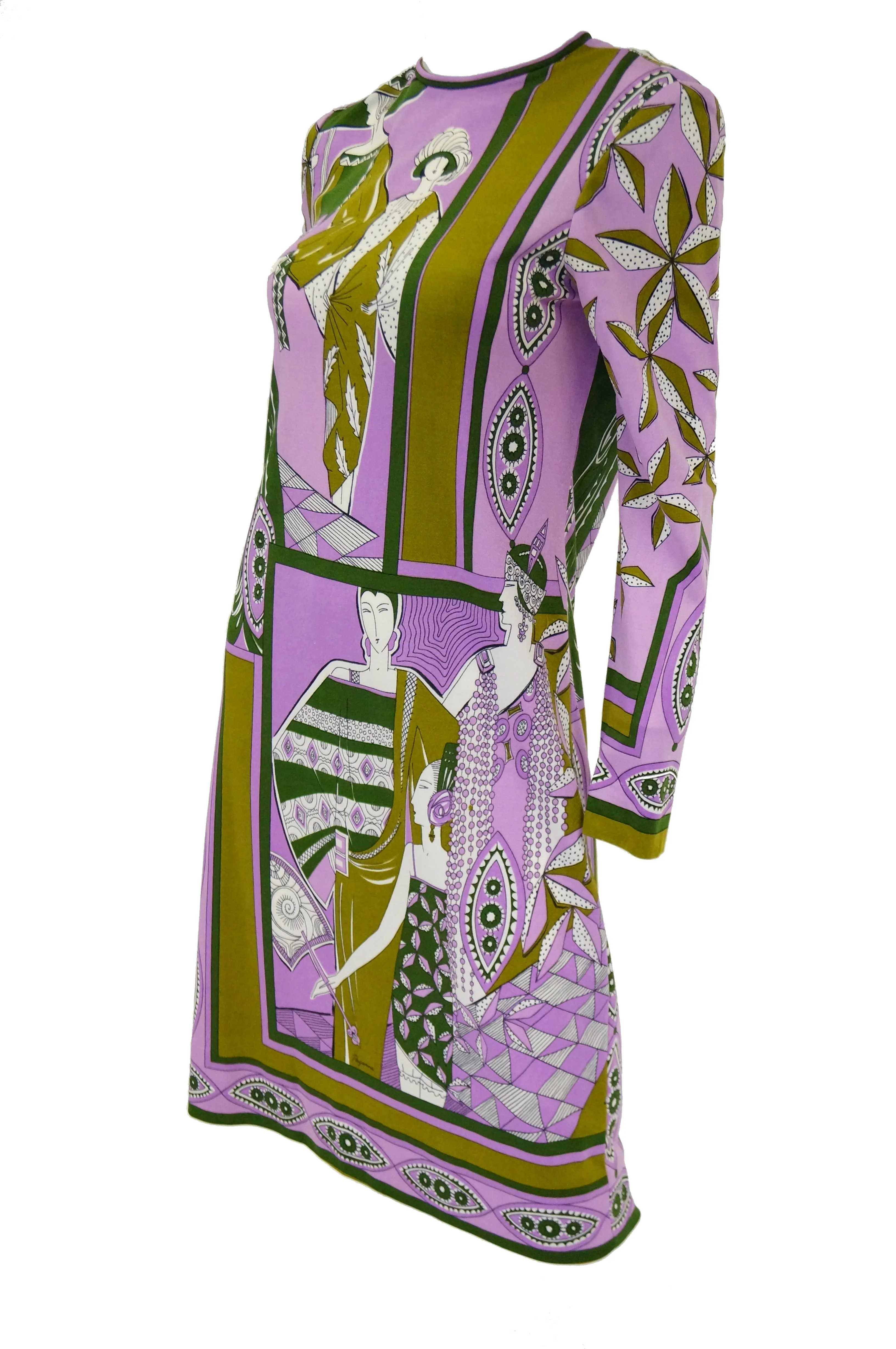 1960s Paganne Purple Art Deco Print Knit Dress