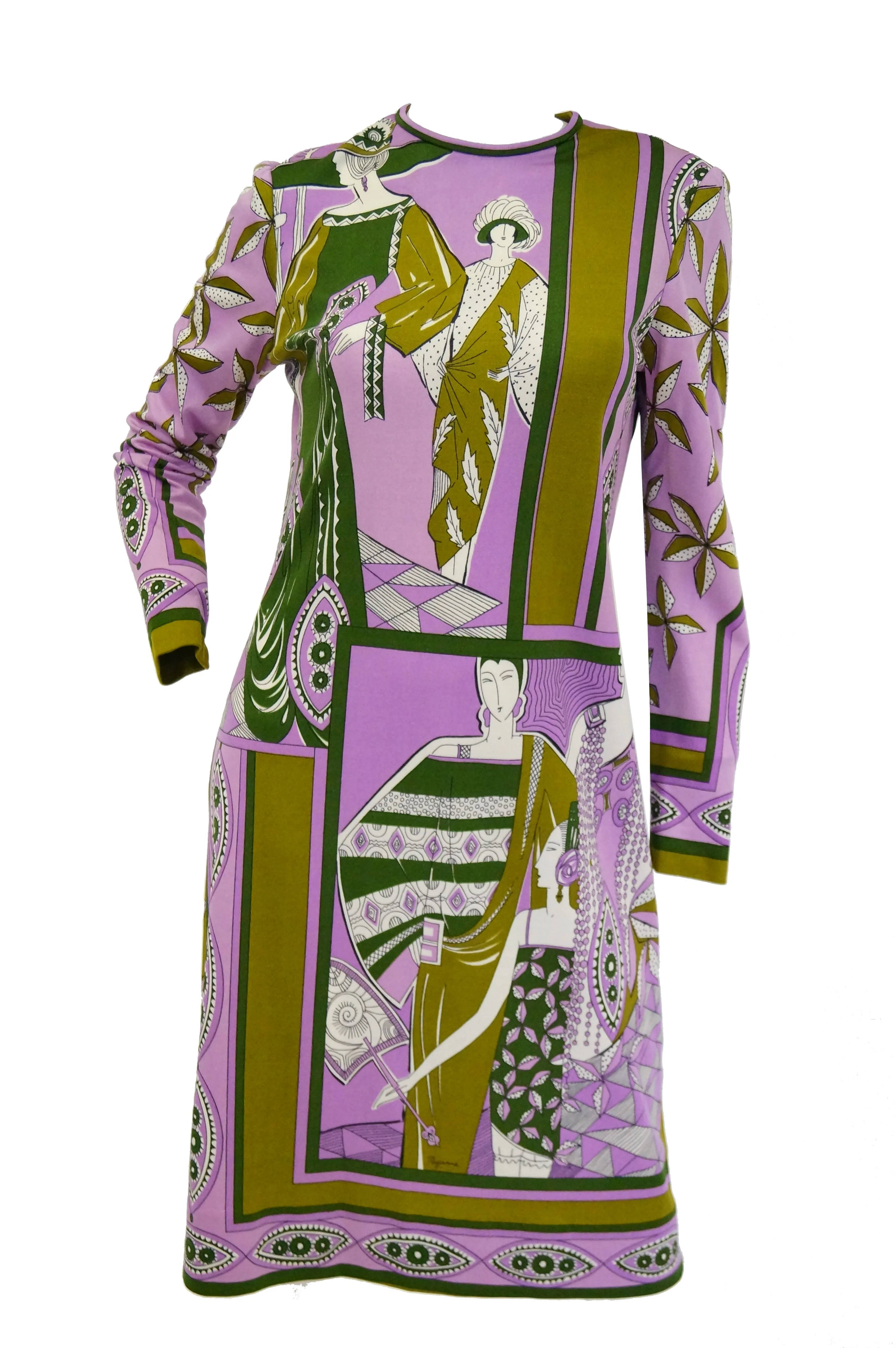 1960s Paganne Purple Art Deco Print Knit Dress