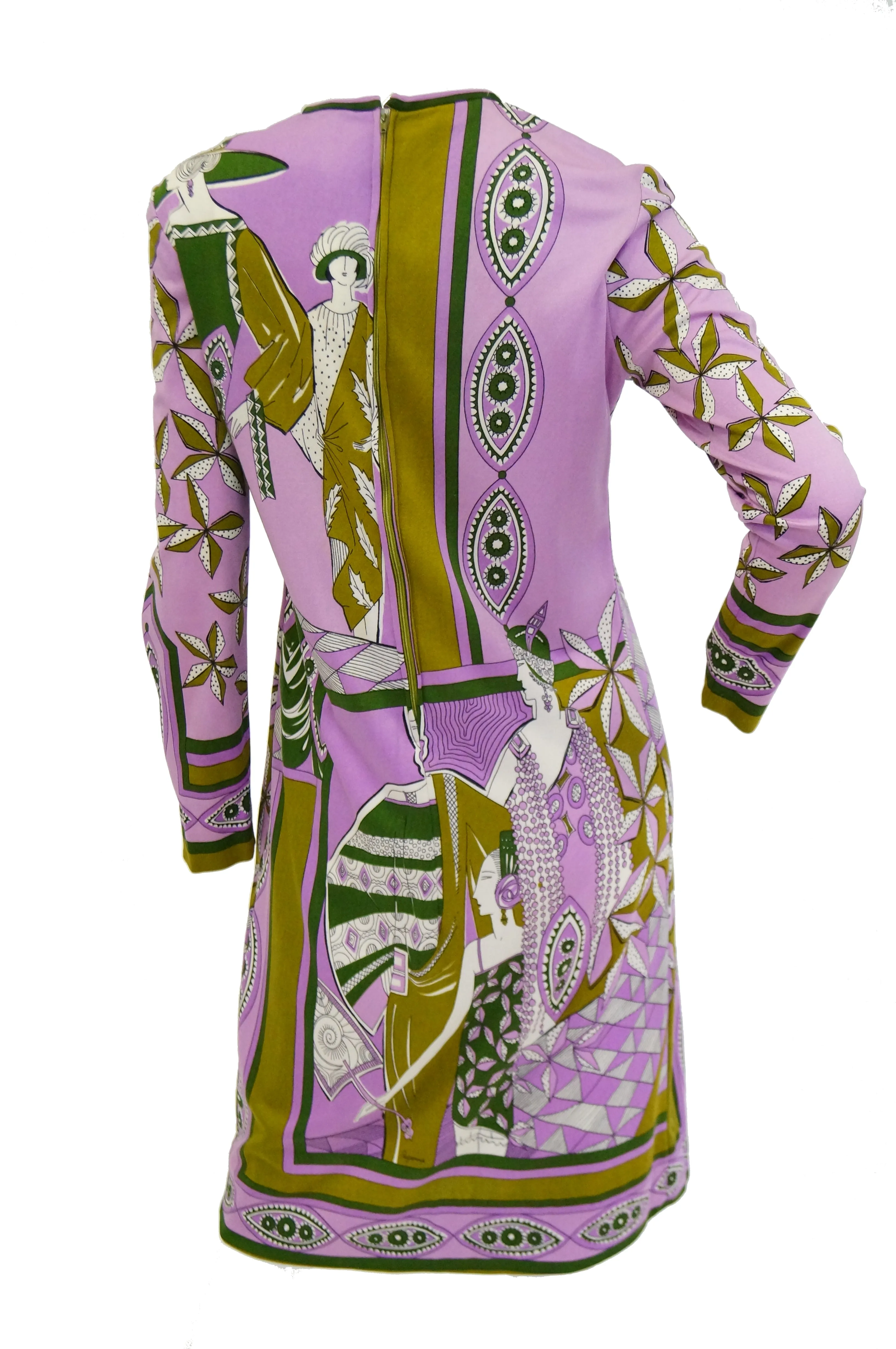 1960s Paganne Purple Art Deco Print Knit Dress