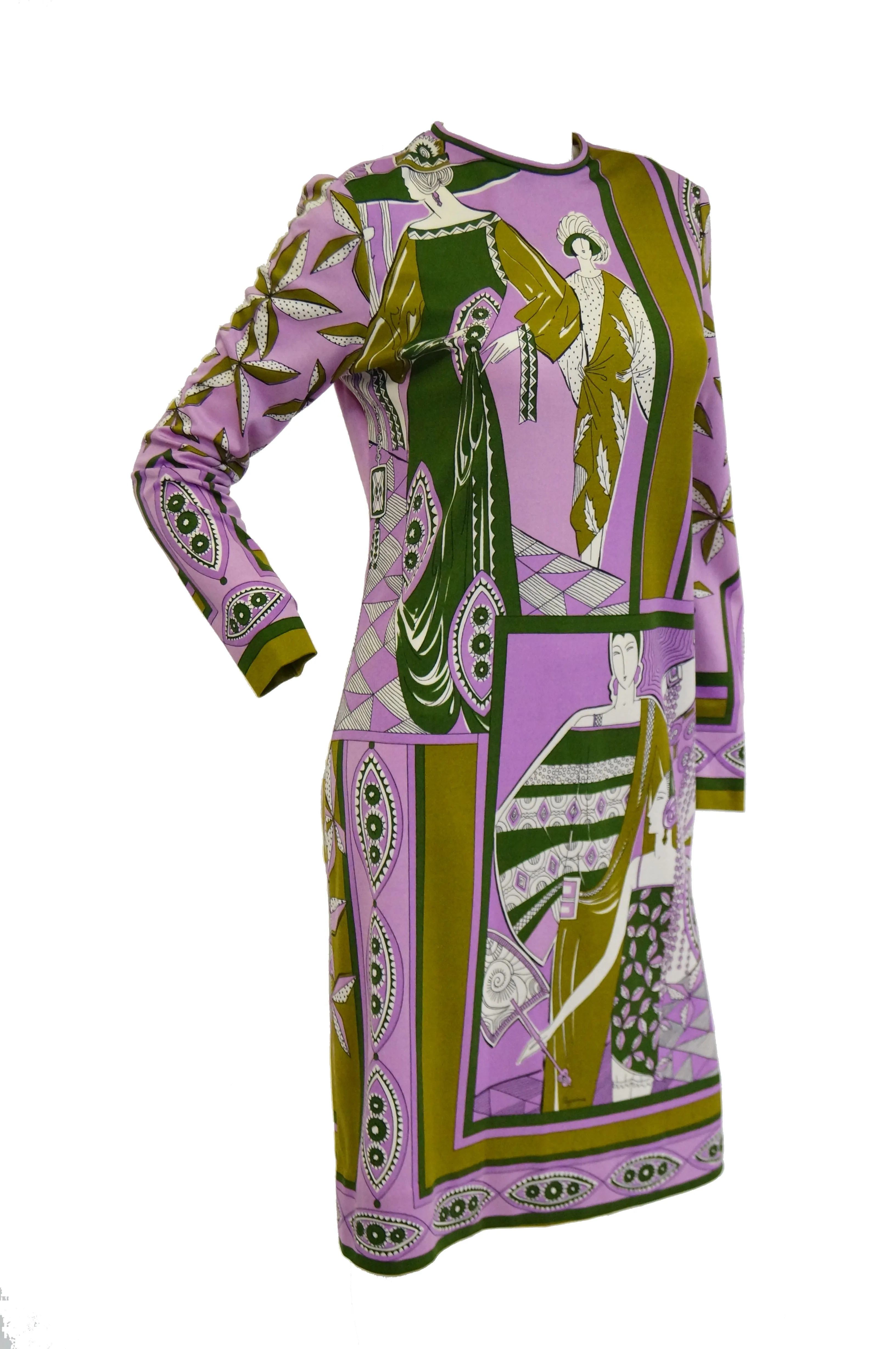 1960s Paganne Purple Art Deco Print Knit Dress