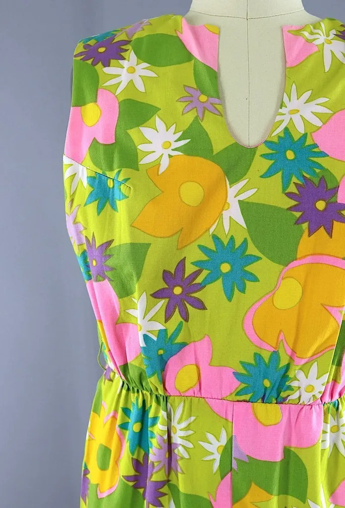 1960s Vintage LANZ Jumpsuit Romper / Yellow Green Mod Floral / XXS