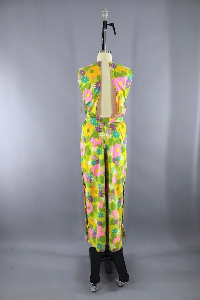 1960s Vintage LANZ Jumpsuit Romper / Yellow Green Mod Floral / XXS