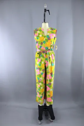 1960s Vintage LANZ Jumpsuit Romper / Yellow Green Mod Floral / XXS