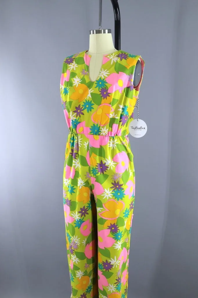 1960s Vintage LANZ Jumpsuit Romper / Yellow Green Mod Floral / XXS