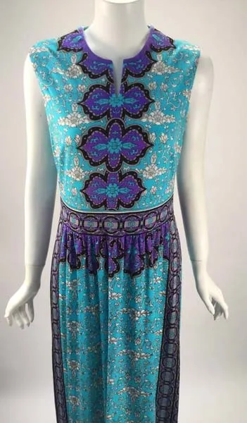 1970s Mr. Dino Blue and Purple Silk Jersey Knit Maxi Dress