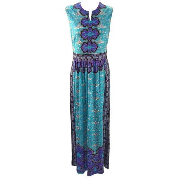 1970s Mr. Dino Blue and Purple Silk Jersey Knit Maxi Dress