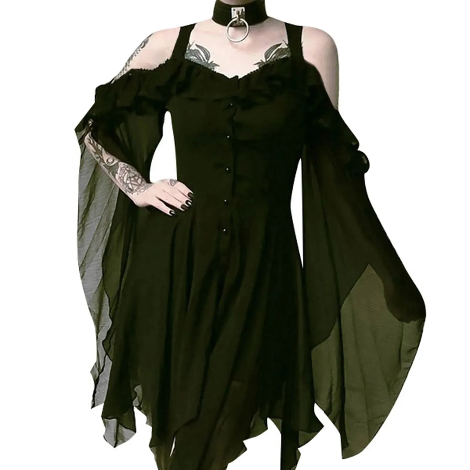 2024 Plus Size Women’s Gothic Ruffled Sling Dress - Fashion Shoulder Irregular Dress