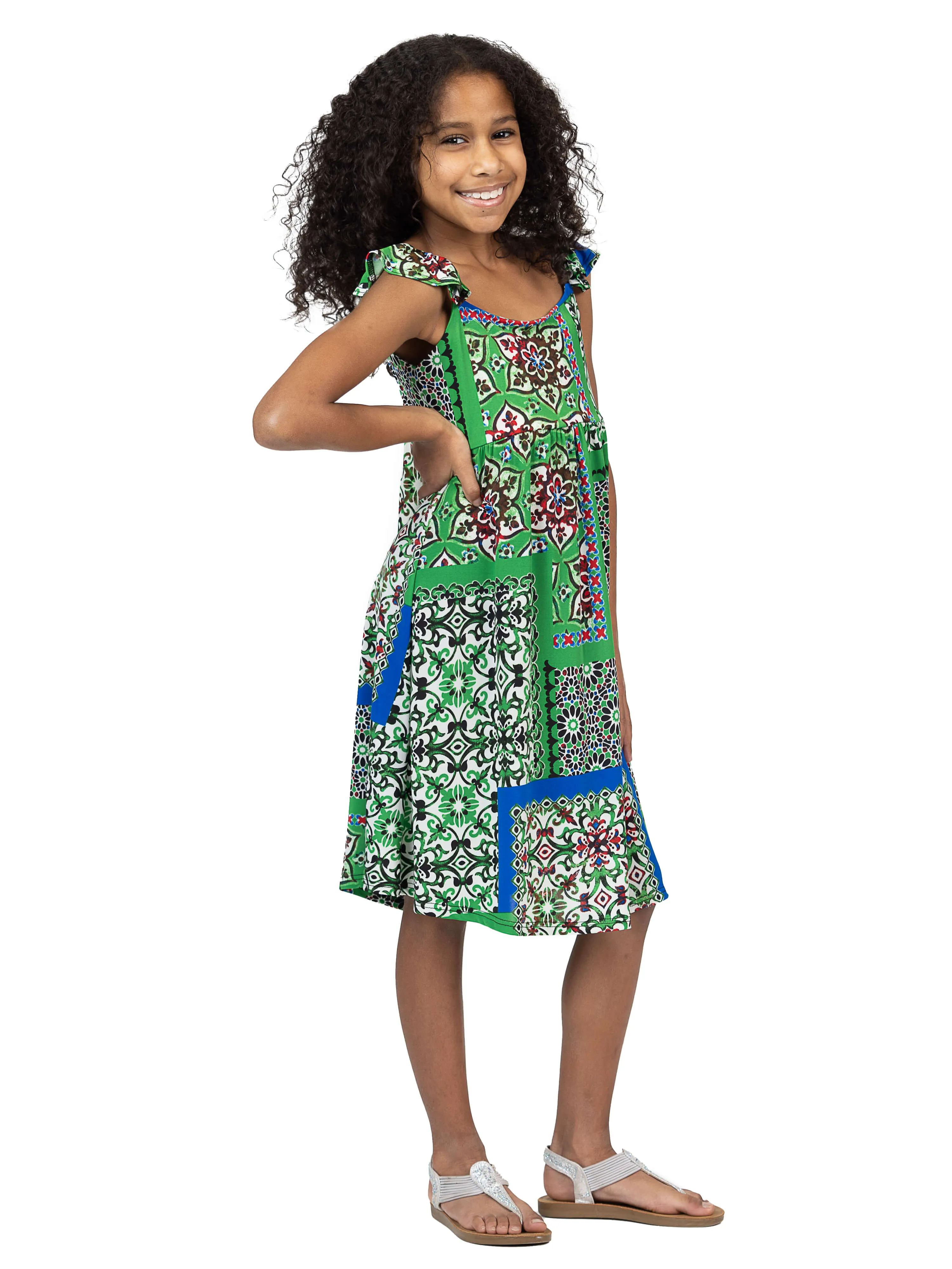 24sevenkid Girls Green Scarf Print Ruffle Summer Dress