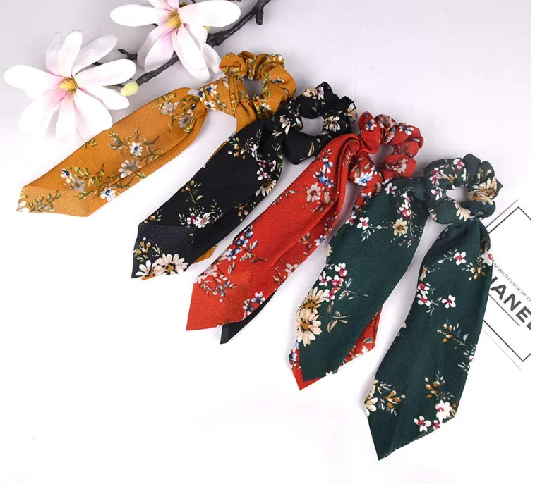 4 Pcs Hair Scrunchies Chiffon Scarf Hair Ties Elastic Hair Bands Ponytail Holder Flower Printed Hair Bobbles Vintage Accessories for Women Girls Bow