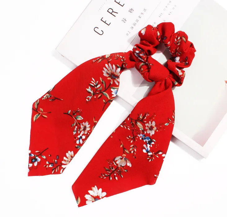 4 Pcs Hair Scrunchies Chiffon Scarf Hair Ties Elastic Hair Bands Ponytail Holder Flower Printed Hair Bobbles Vintage Accessories for Women Girls Bow