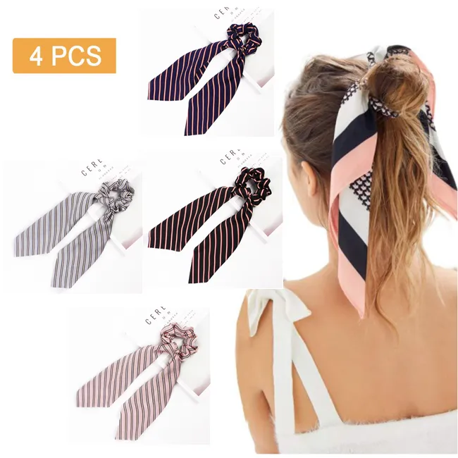 4 Pcs Hair Scrunchies Chiffon Scarf Hair Ties Elastic Hair Bands Ponytail Holder Flower Printed Hair Bobbles Vintage Accessories for Women Girls Bow