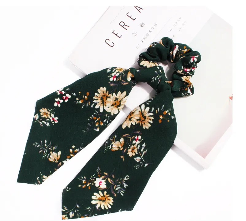 4 Pcs Hair Scrunchies Chiffon Scarf Hair Ties Elastic Hair Bands Ponytail Holder Flower Printed Hair Bobbles Vintage Accessories for Women Girls Bow