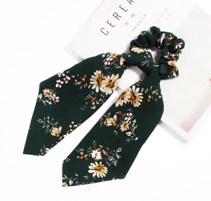 4 Pcs Hair Scrunchies Chiffon Scarf Hair Ties Elastic Hair Bands Ponytail Holder Flower Printed Hair Bobbles Vintage Accessories for Women Girls Bow