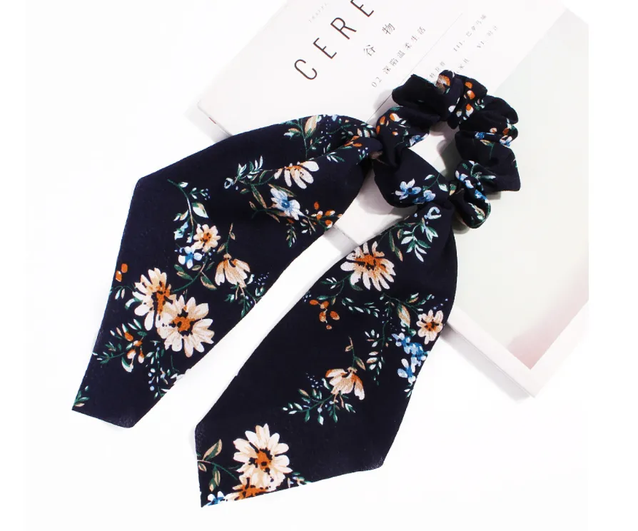 4 Pcs Hair Scrunchies Chiffon Scarf Hair Ties Elastic Hair Bands Ponytail Holder Flower Printed Hair Bobbles Vintage Accessories for Women Girls Bow