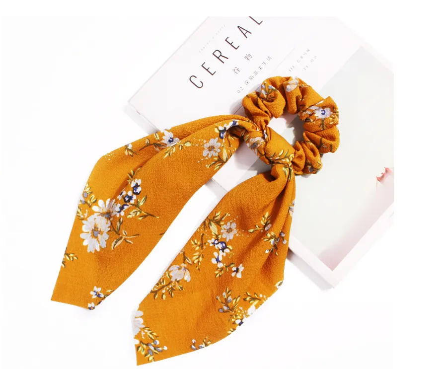 4 Pcs Hair Scrunchies Chiffon Scarf Hair Ties Elastic Hair Bands Ponytail Holder Flower Printed Hair Bobbles Vintage Accessories for Women Girls Bow