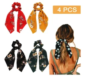 4 Pcs Hair Scrunchies Chiffon Scarf Hair Ties Elastic Hair Bands Ponytail Holder Flower Printed Hair Bobbles Vintage Accessories for Women Girls Bow