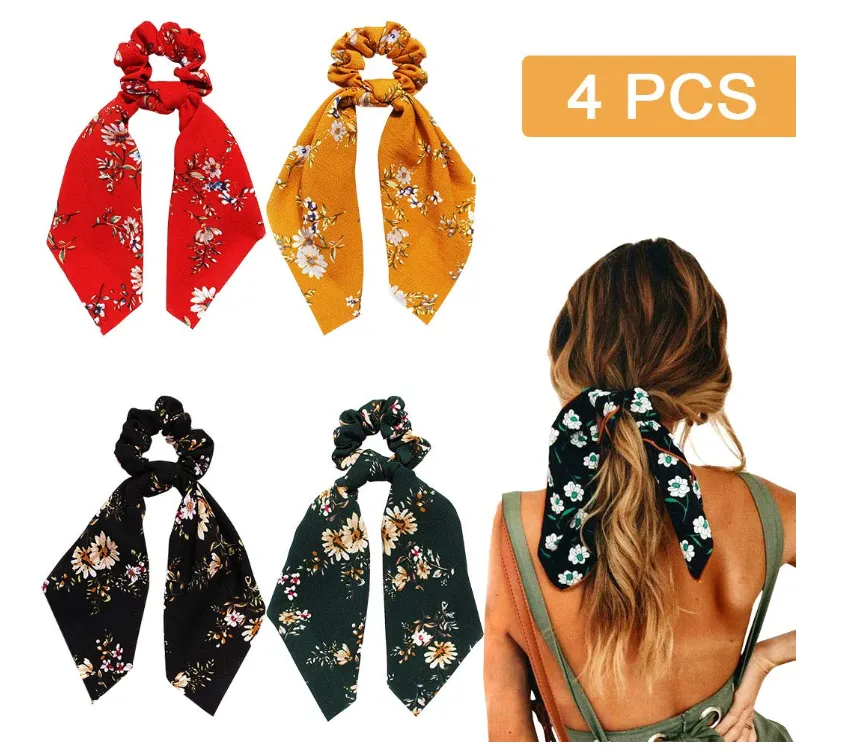 4 Pcs Hair Scrunchies Chiffon Scarf Hair Ties Elastic Hair Bands Ponytail Holder Flower Printed Hair Bobbles Vintage Accessories for Women Girls Bow