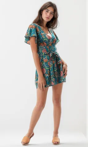 57310 Floral Patterned Short Sleeves Romper With Lace Up