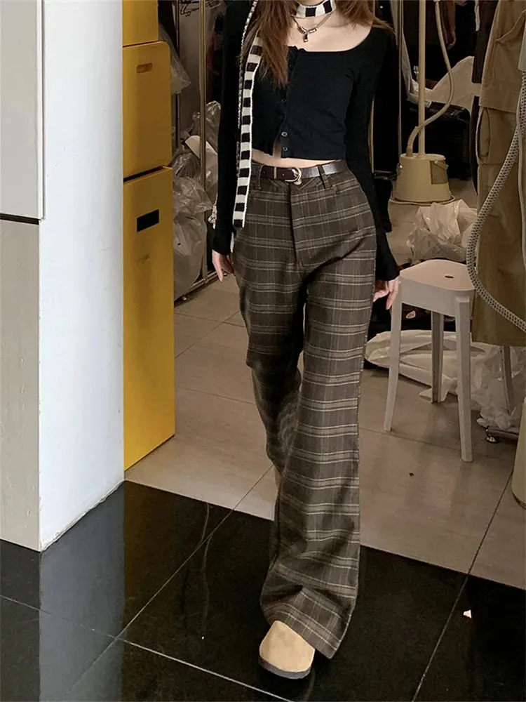 Advbridge  -  Women's Vintage Plaid Casual Flare Pants Street Retro Style Young Girl Bottoms Female High Waist Straight Bell-bottom Trousers