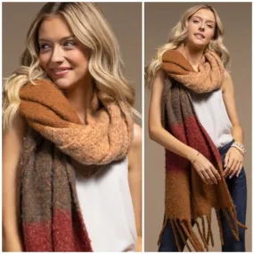 Almond Plush Wide Stripe Oblong Scarf Winter Women's Casual Knit Extra Long