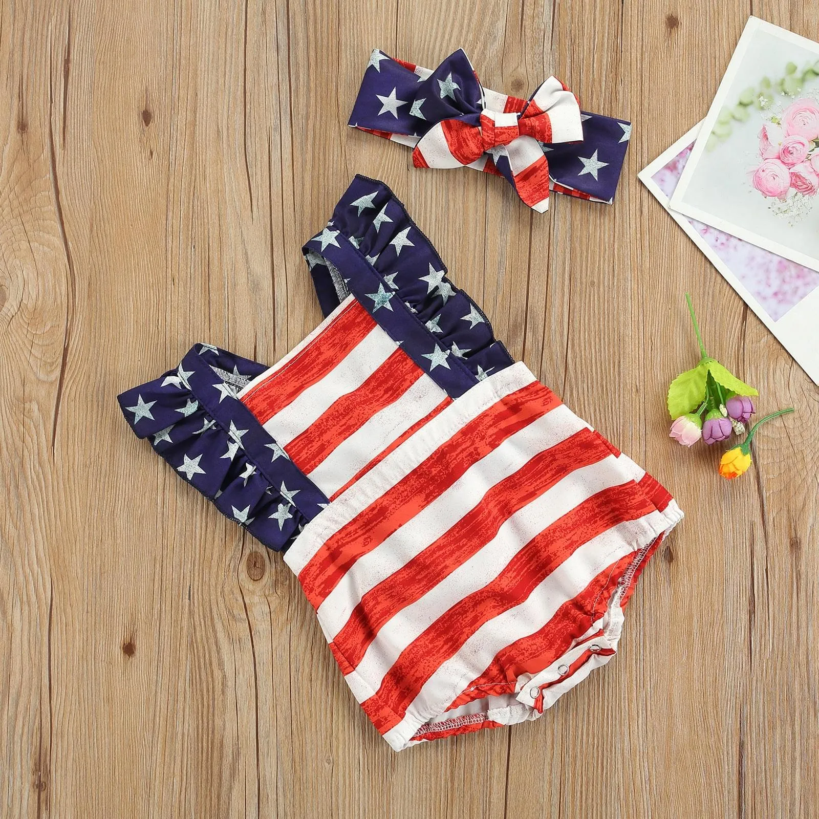 American Flag Baby Girl Romper & Headband