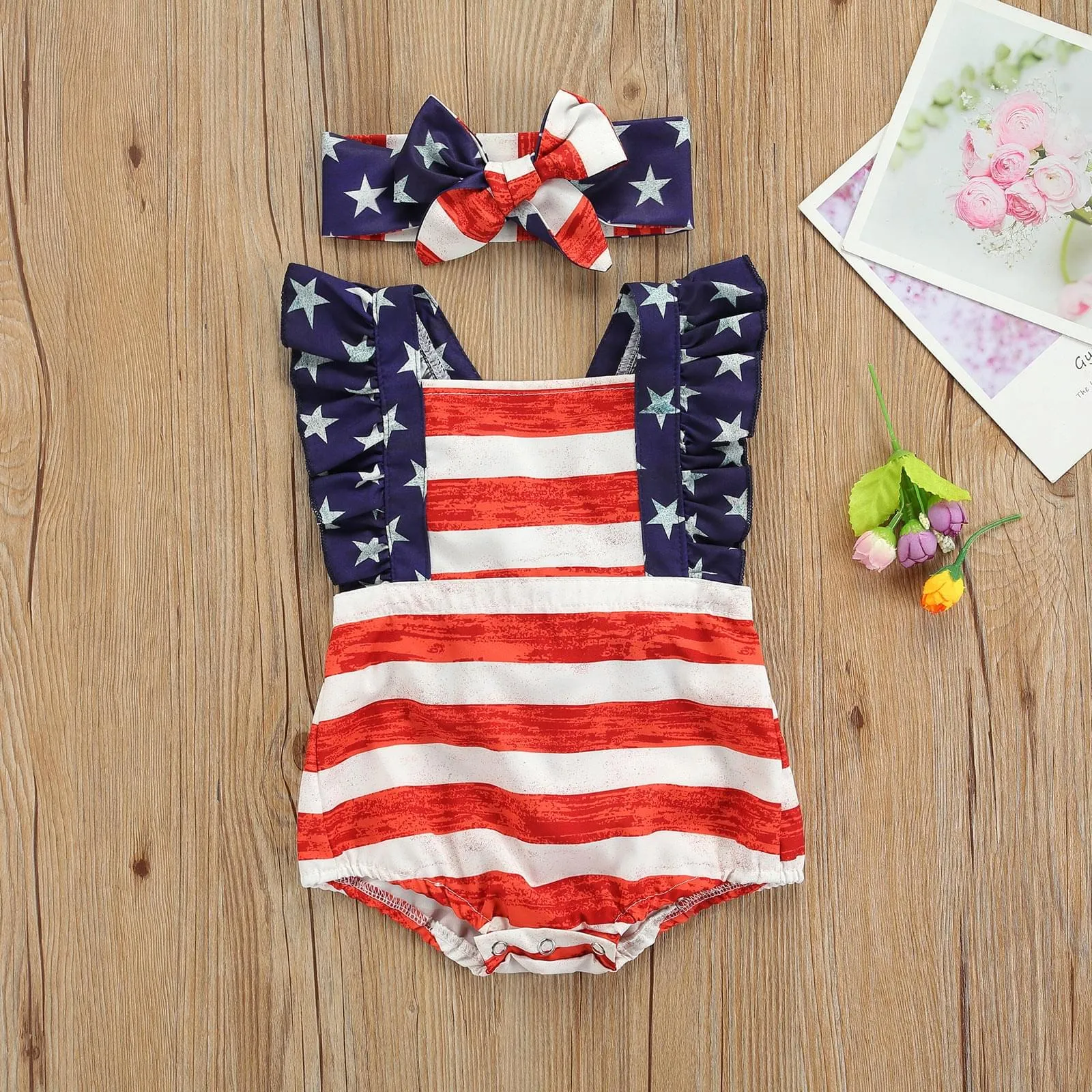 American Flag Baby Girl Romper & Headband