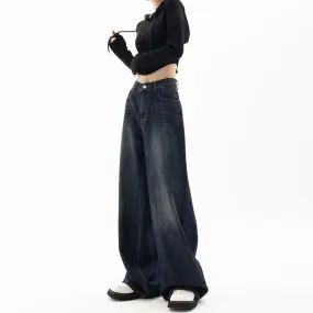 Amozae 90s streetwear American Retro Street Wide-Leg Pants Design Sense Niche Blue Mopping Pants High Waist Loose High Waist Jeans for Women