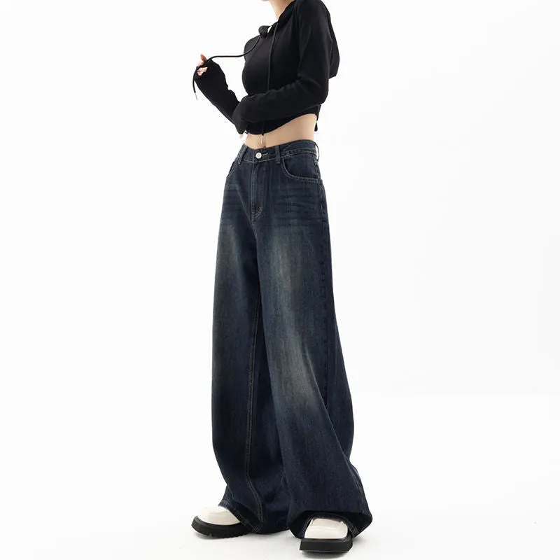 Amozae 90s streetwear American Retro Street Wide-Leg Pants Design Sense Niche Blue Mopping Pants High Waist Loose High Waist Jeans for Women