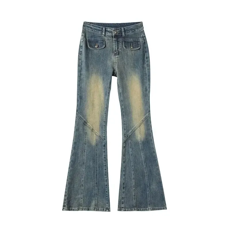 Amozae-American Retro Distressed Women Jeans Y2k Spliced Slim Slim Boot Pants Autumn Hot Girl High Waist Pants