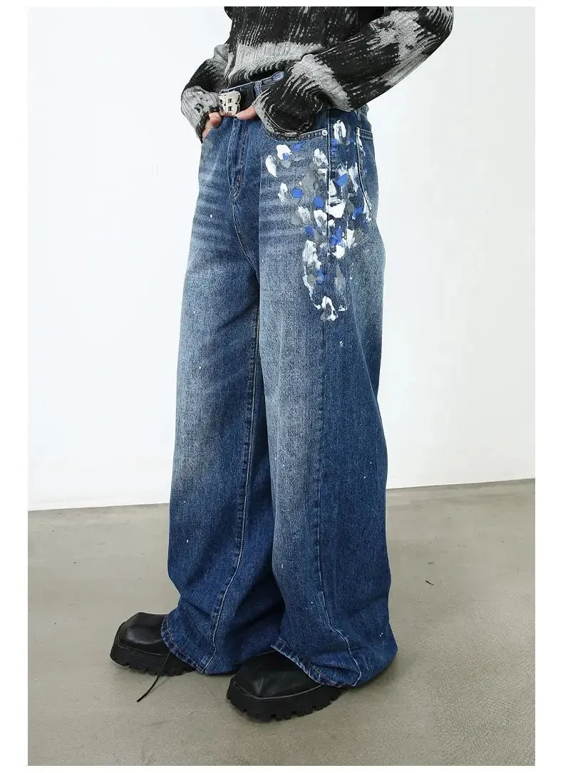 Amozae-American style high street retro graffiti women jeans Ins Harajuku men and women hip-hop goth wide leg pants baggy jeans