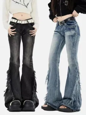 Amozae-New high street retro hottie micro-flare jeans women American Y2k autumn and winter raw edge splicing slim trousers