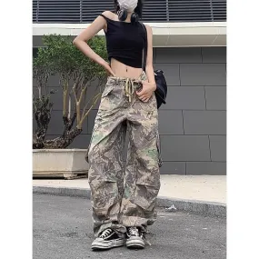 Amozae-Retro trendy brand camouflage women work pants ins sweet and cool style high street clothing wide leg long pants with bound feet