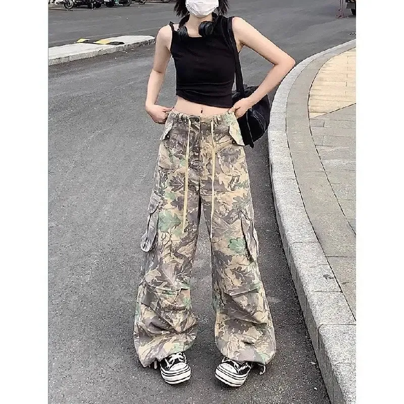 Amozae-Retro trendy brand camouflage women work pants ins sweet and cool style high street clothing wide leg long pants with bound feet