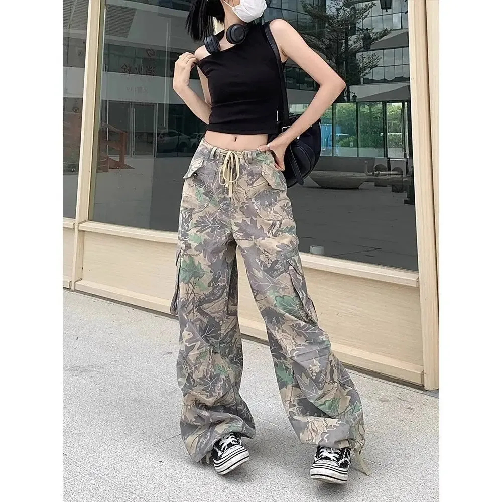 Amozae-Retro trendy brand camouflage women work pants ins sweet and cool style high street clothing wide leg long pants with bound feet