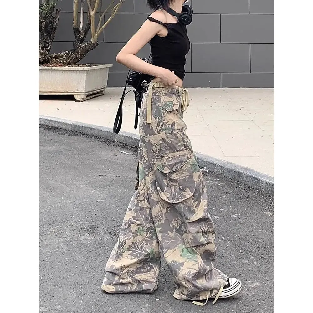 Amozae-Retro trendy brand camouflage women work pants ins sweet and cool style high street clothing wide leg long pants with bound feet