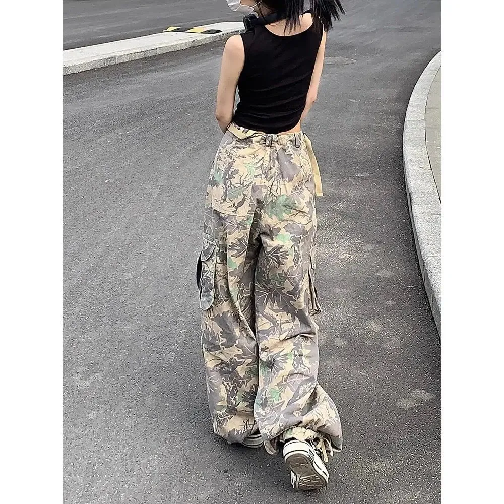 Amozae-Retro trendy brand camouflage women work pants ins sweet and cool style high street clothing wide leg long pants with bound feet