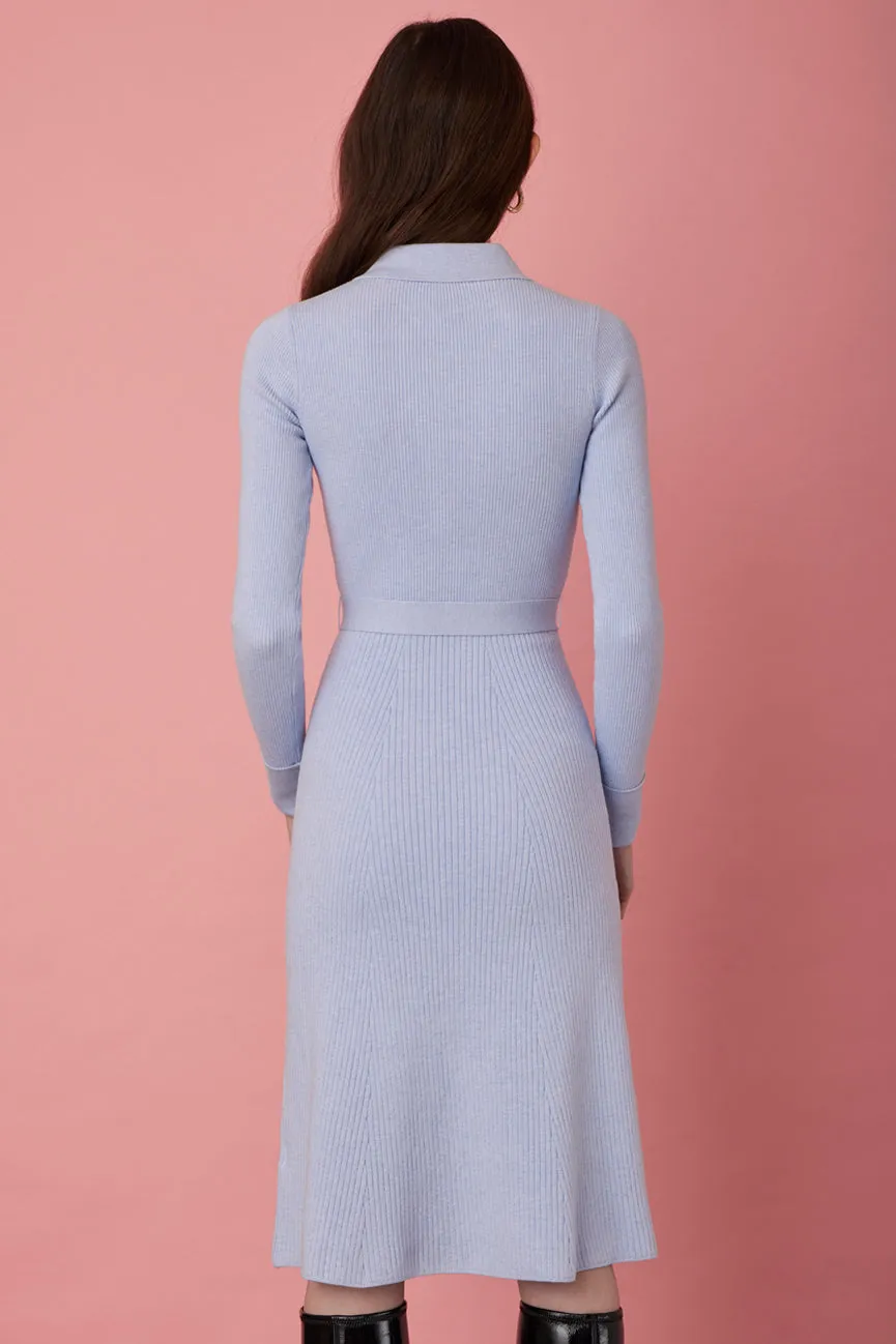 Arctic Blue Peachskin Long Sleeve Ribbed Midi Polo Dress