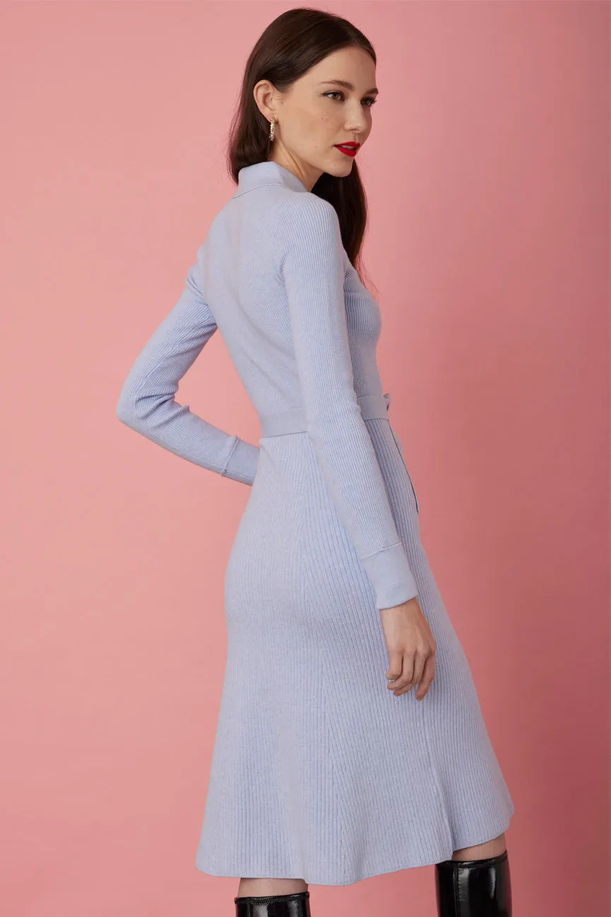 Arctic Blue Peachskin Long Sleeve Ribbed Midi Polo Dress