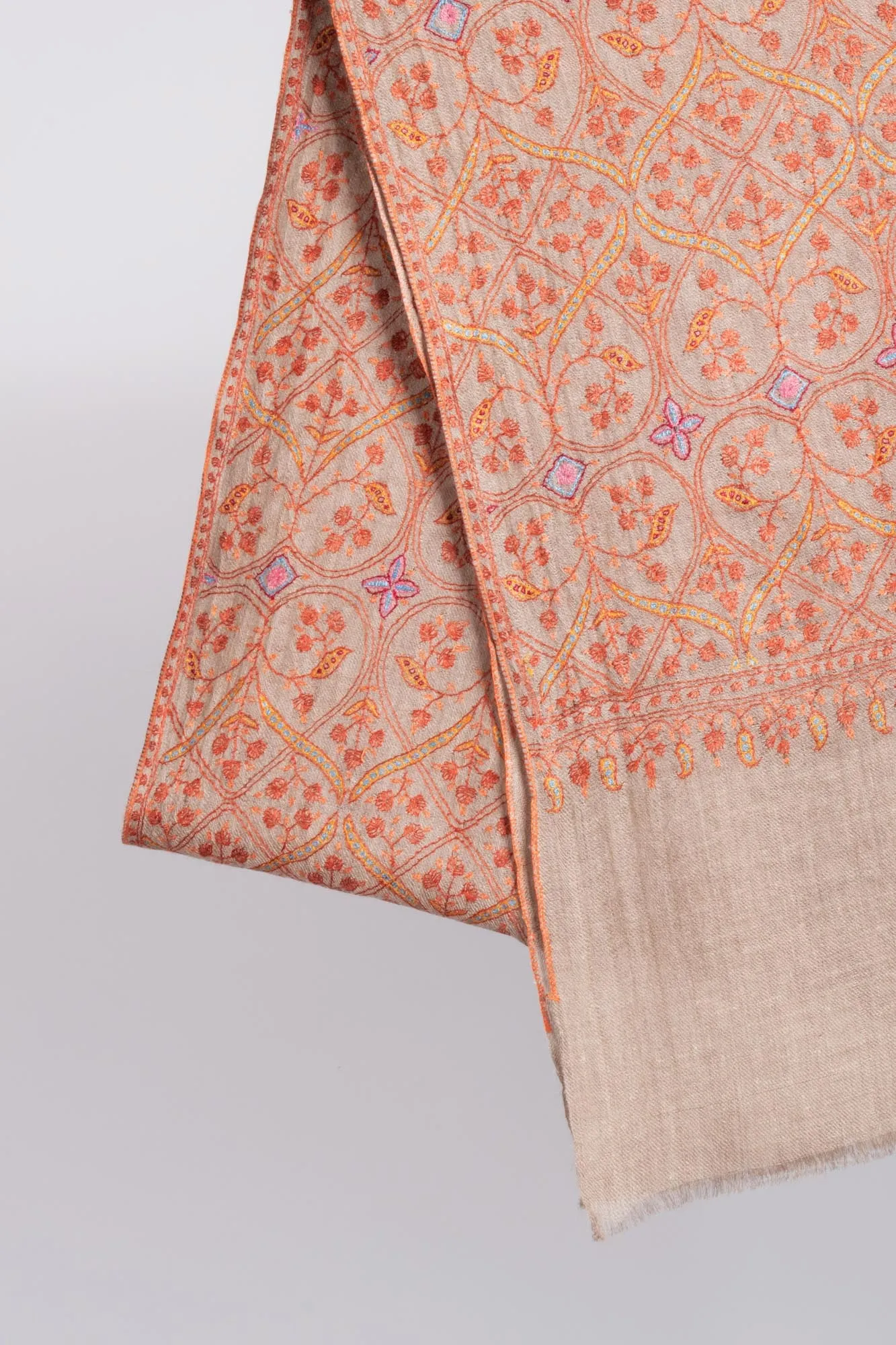 Artistic Grey with Orange Embroidered Cashmere Scarf - ASHBURTON