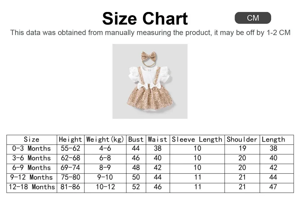 Baby Girl 95% Cotton Ribbed Ruffle Trim Bow Décor Leopard Print Spliced Short-sleeve Romper & Headband Set 2pcs