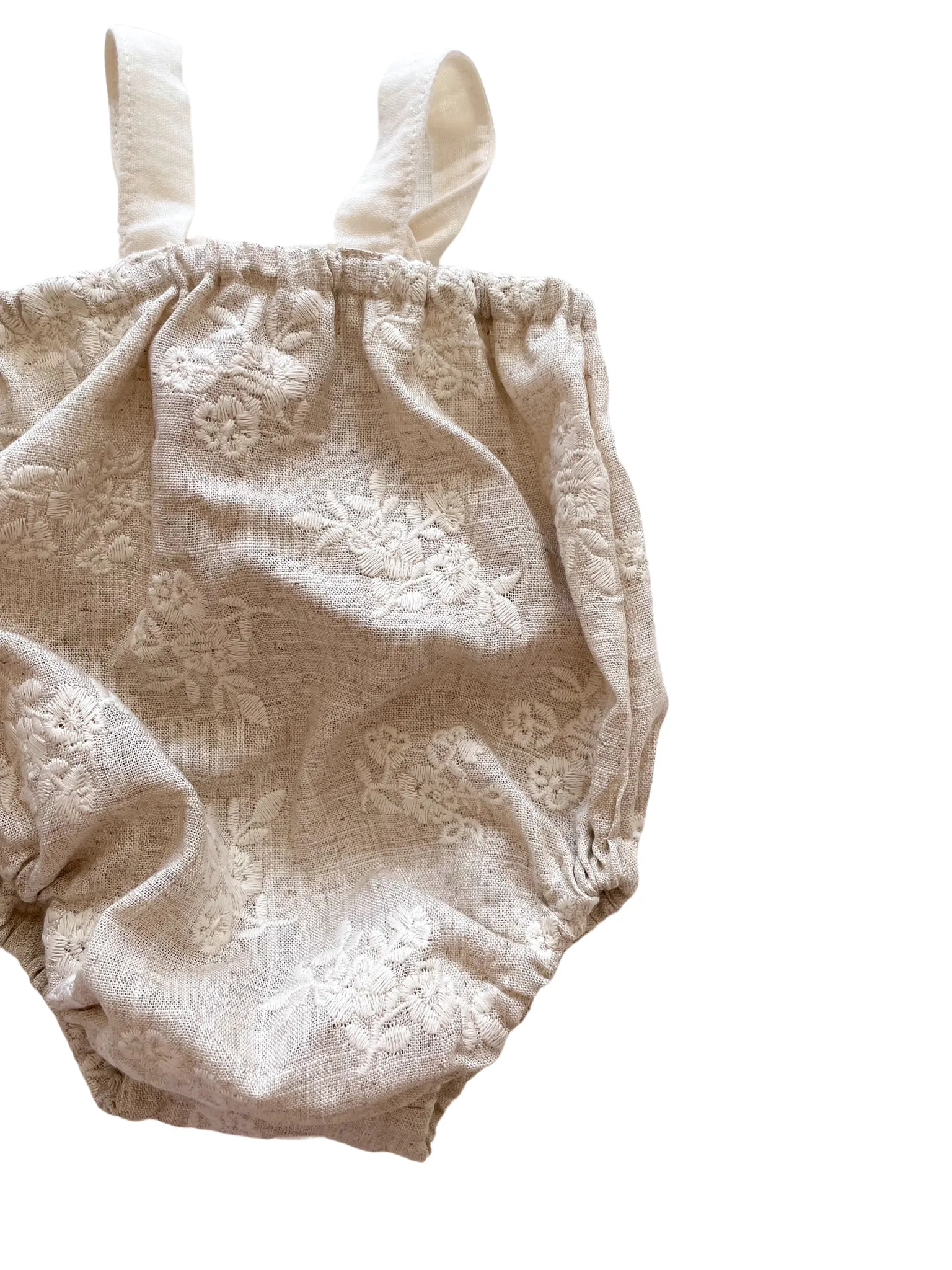 Baby romper / linen embroidered bouquets