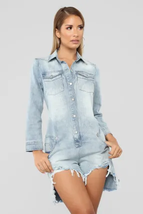 Back In My Life Romper - Medium Wash