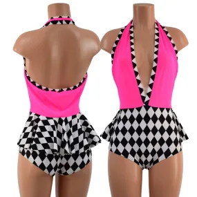 Bella Romper with Ruffle Rump in Black and White Diamonds and Pink Mesh