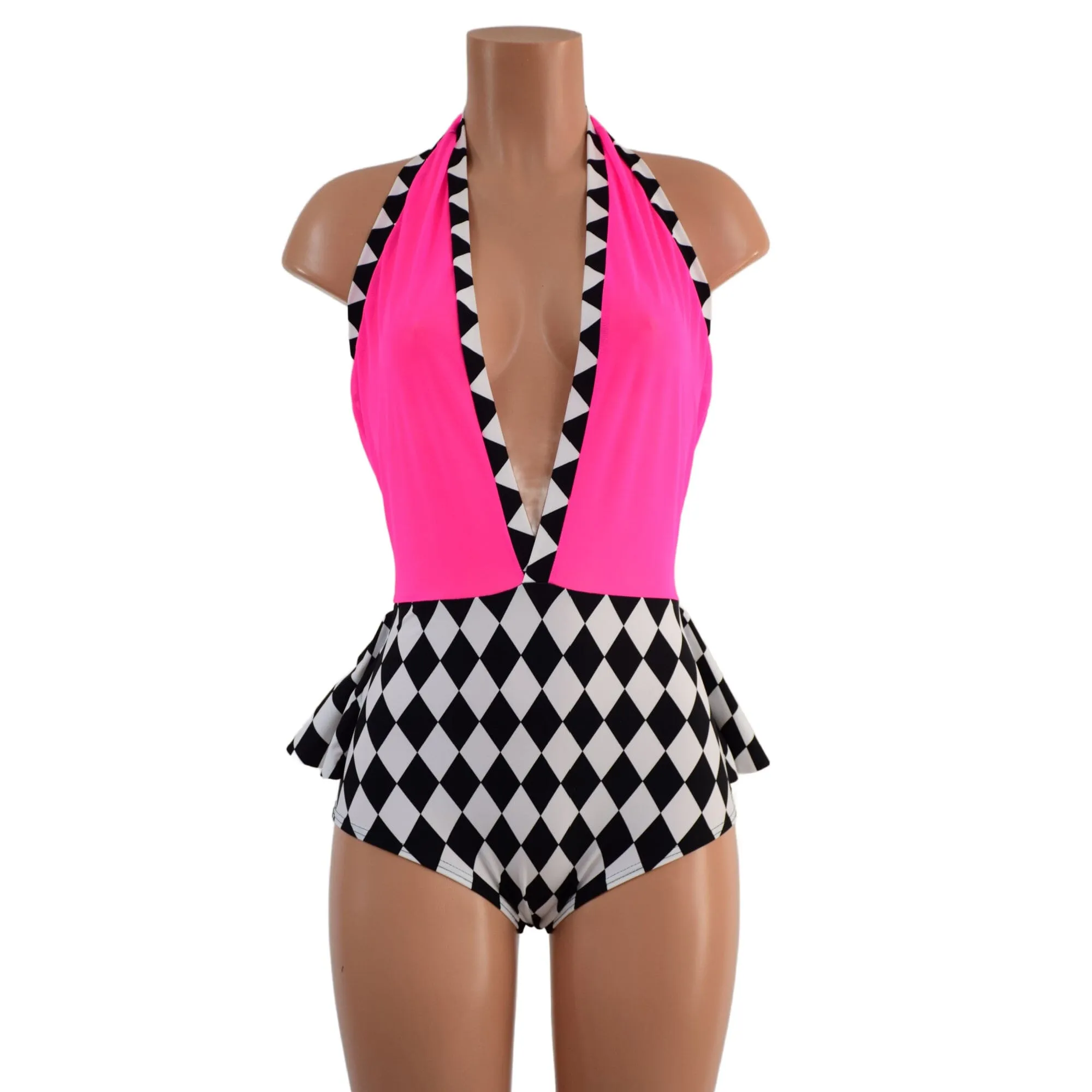 Bella Romper with Ruffle Rump in Black and White Diamonds and Pink Mesh